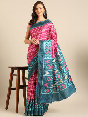 Magenta Cotton Blend Saree With Blouse Piece