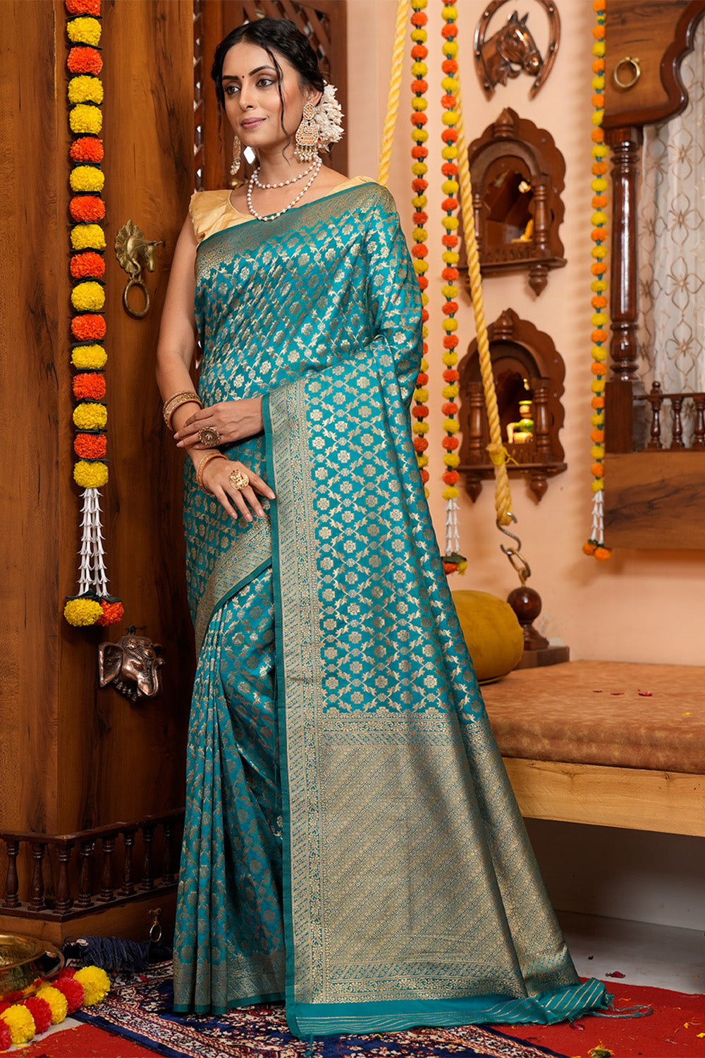 Buy Teal green Linen Silk Festival Wear Weaving Saree Online From Wholesale  Salwar.