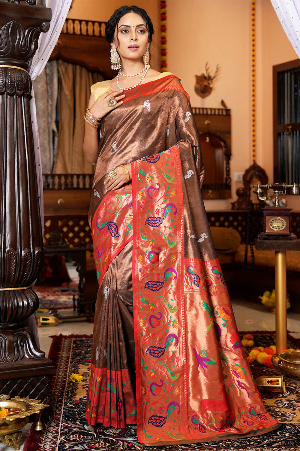 Borderless chocolate brown color sparely checked design kamala silk saree,  contrast ikkat-style digital printed blouse