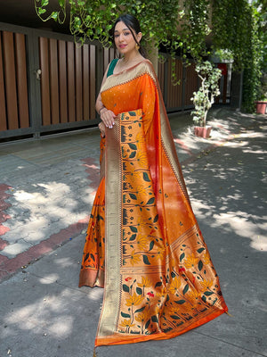 Yellow Paithani Silk Saree With Blouse Piece