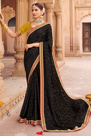 Jet Black Satin Chiffon Saree