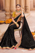 Jet Black Satin Chiffon Saree