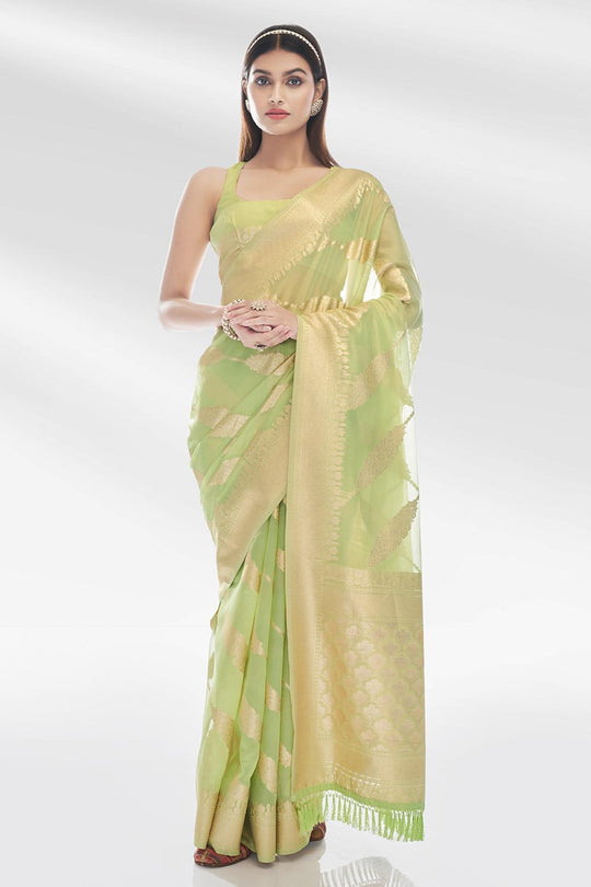 Lime Green Embroidered Georgette Saree