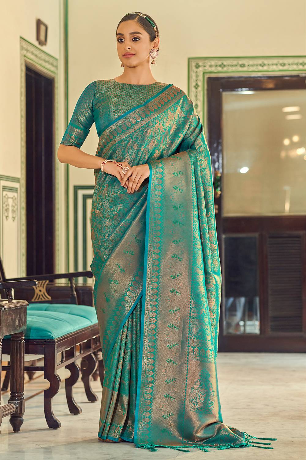 Sea green silk saree with blouse 905 | Saree, Saree designs, Chiffon saree