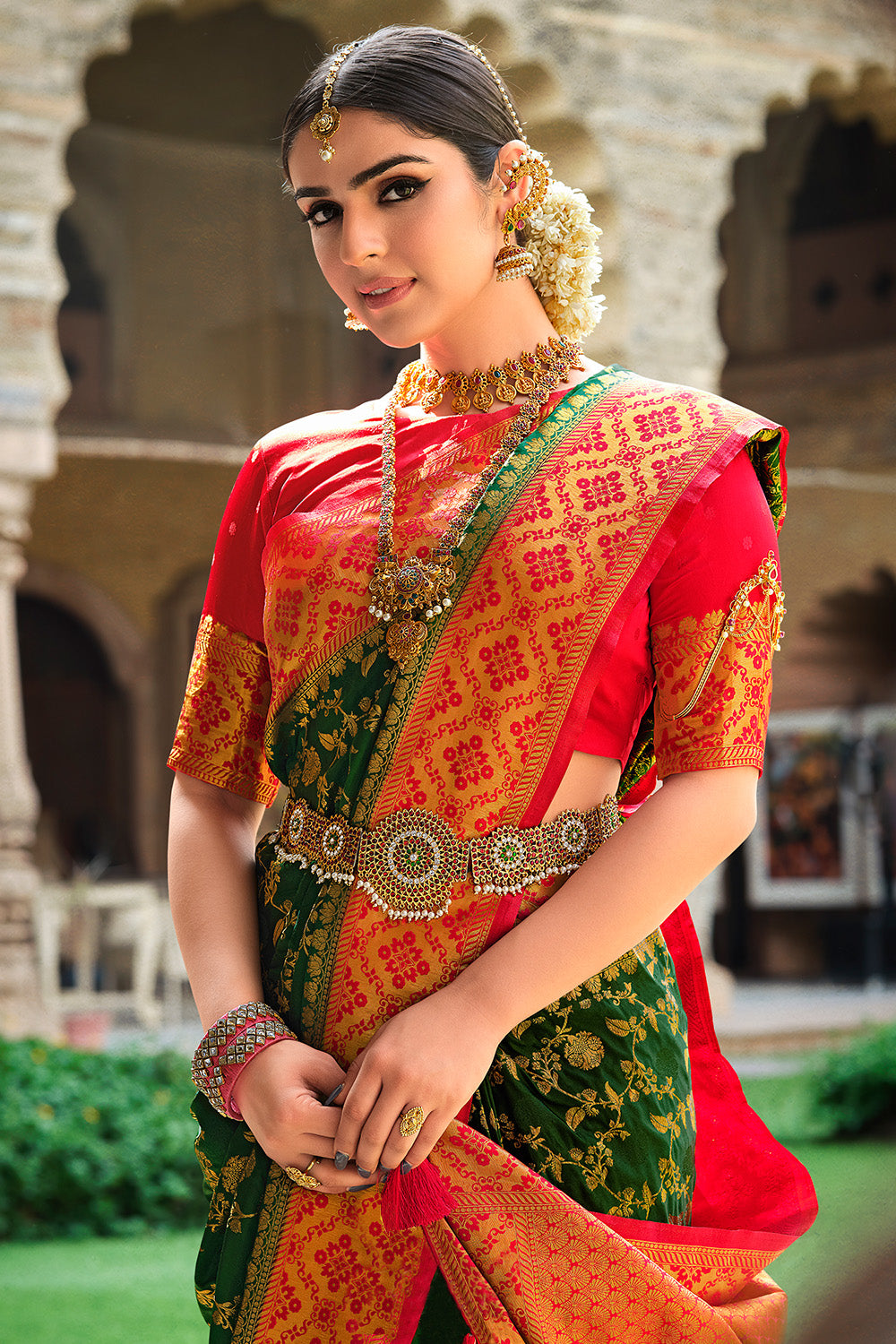 Green and clearance red wedding saree