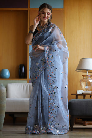 French Blue Organza Saree