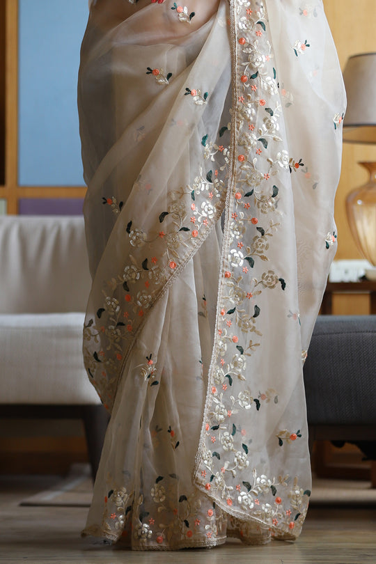 Buy Ivory Beige Organza Saree online-Karagiri