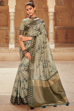 Asparagus Green Digital Print Saree