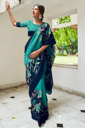 Turquoise Blue Digital Print Saree