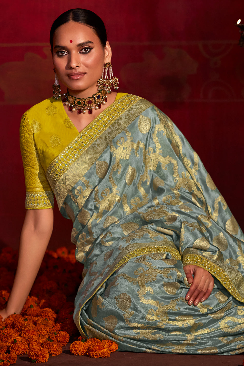 Mustard Yellow Soft Banarasi Khadi Georgette Saree