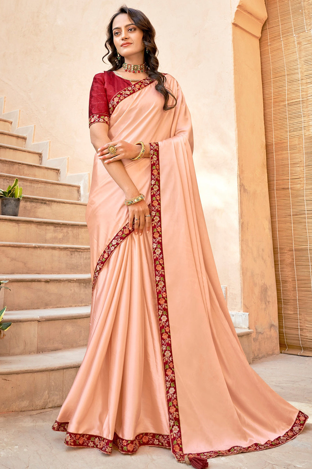 Peach Satin Saree With Blouse 202367