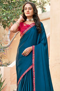 Blue And Red Satin Saree