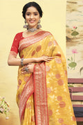 Mustard Yellow And Red Cotton Saree