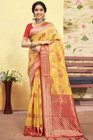 Mustard Yellow And Red Cotton Saree