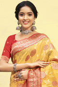 Mustard Yellow And Red Cotton Saree