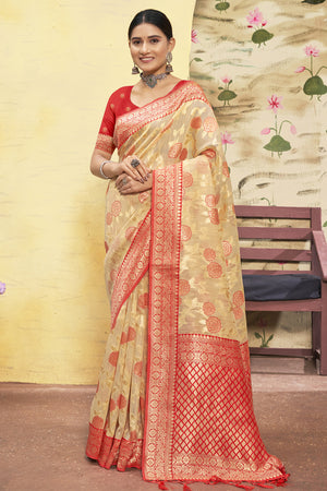 Red And Beige Cotton Saree