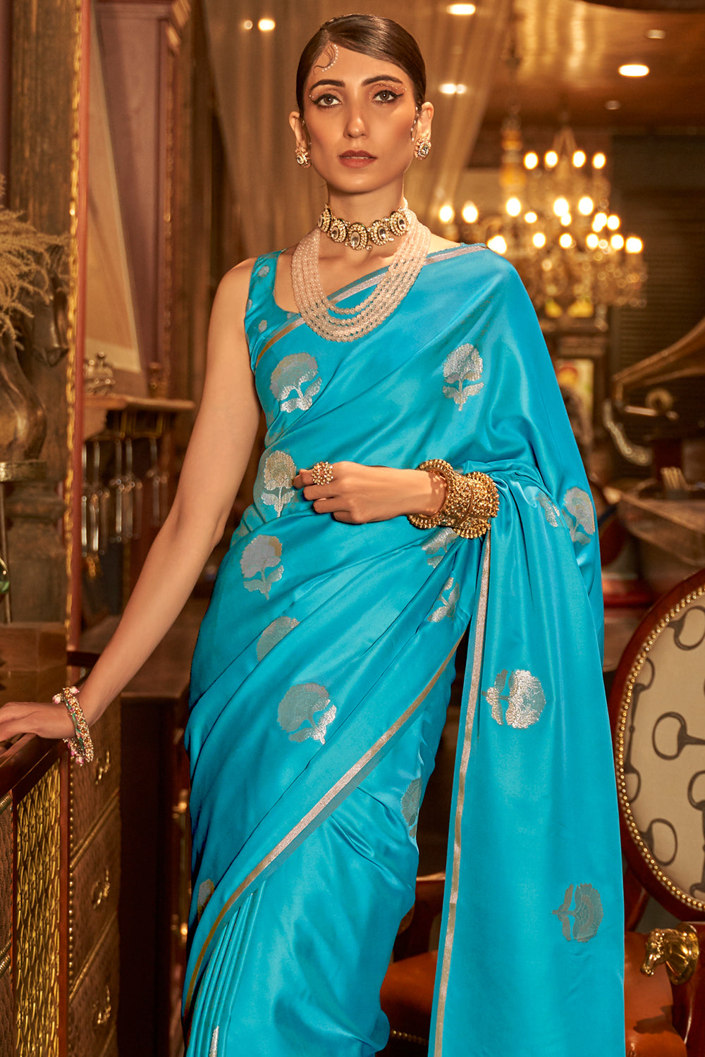 Sky Blue Zari Butta Banarasi-Chanderi Fusion Silk Saree - Cl