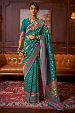 Pine Green And Pink Banarasi Saree