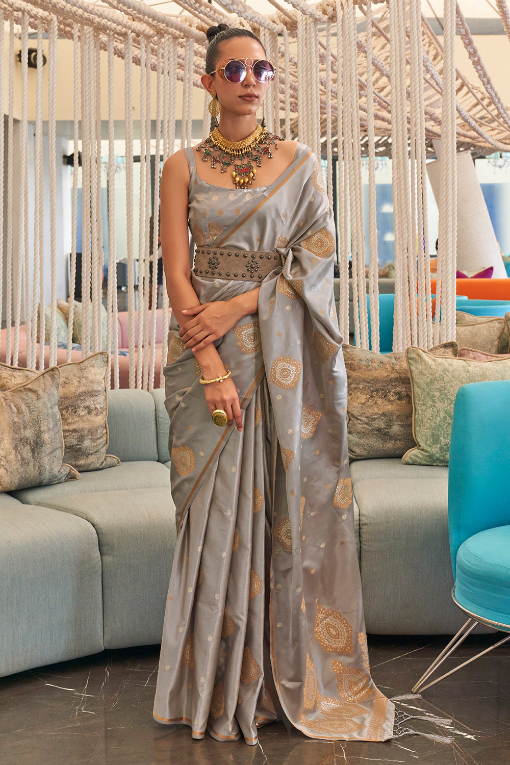 Grey Pure Satin Sarees SAKSD10002A