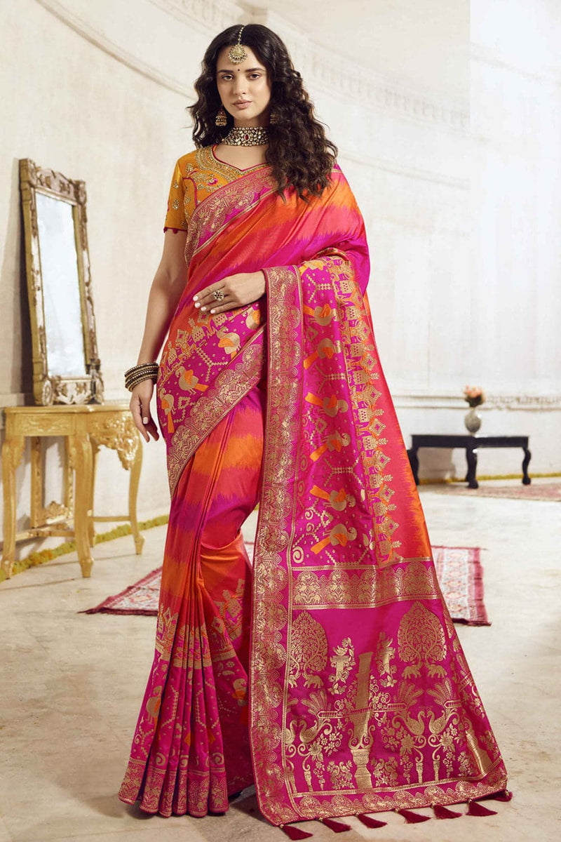 Buy Orange pink shaded woven designer banarasi saree with embroidered ...