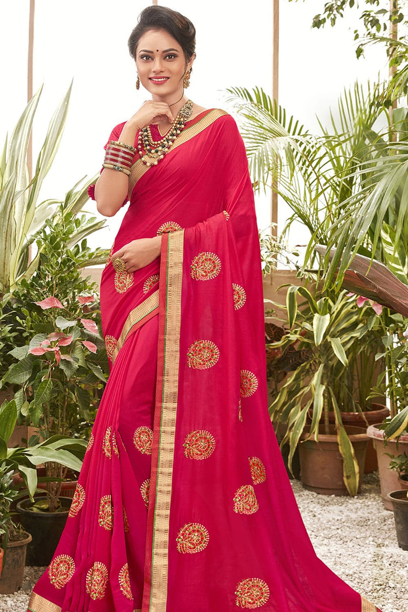 Buy Cerise pink Chanderi silk saree online - Karagiri