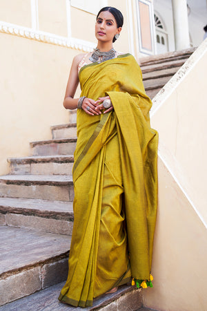 Fawn Yellow Mulmul Cotton Saree