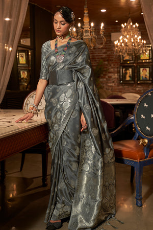 Fossil Grey Satin Silk Saree