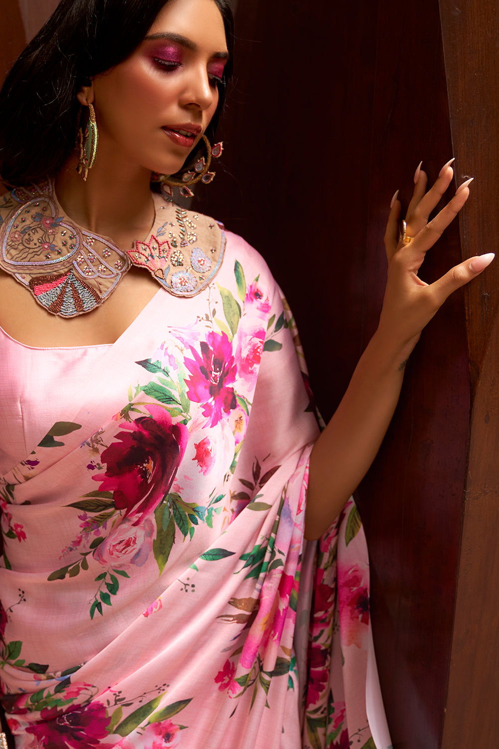 Onion Pink Shimmer Satin Saree – kreationbykj