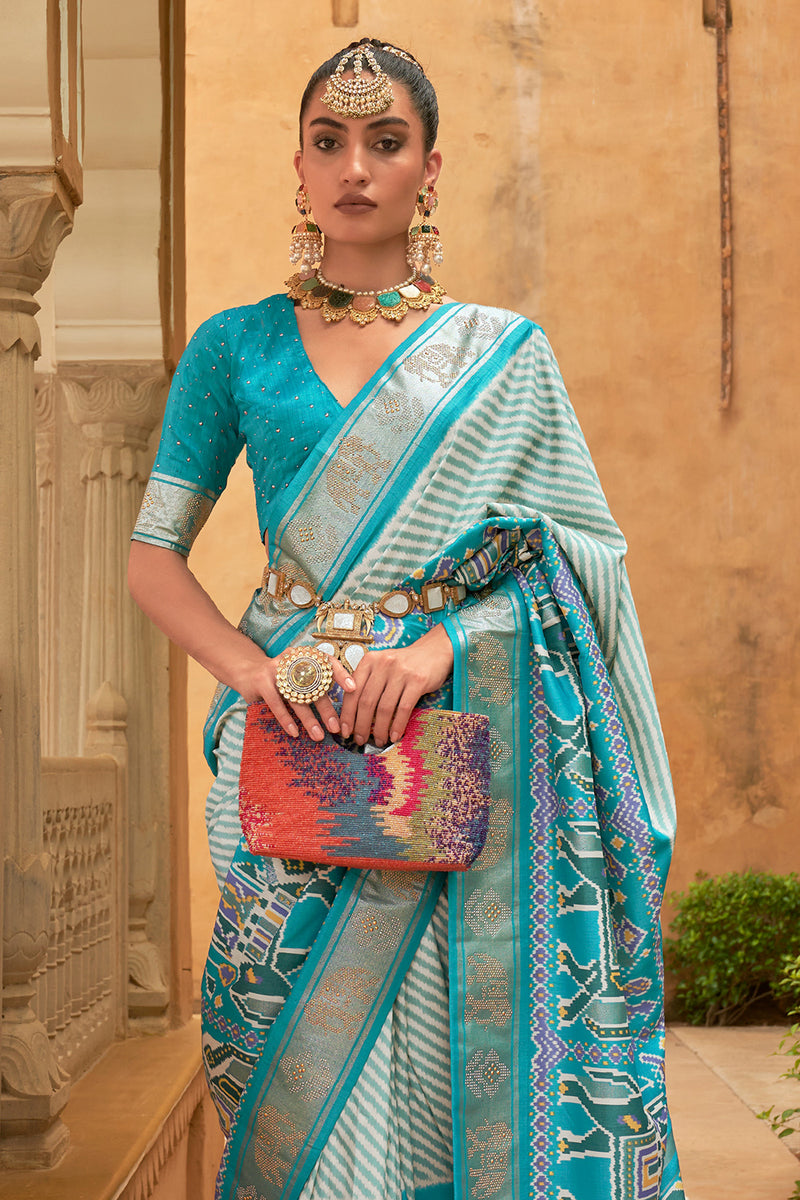 Buy Cyaan Blue Patola Saree online-Karagiri