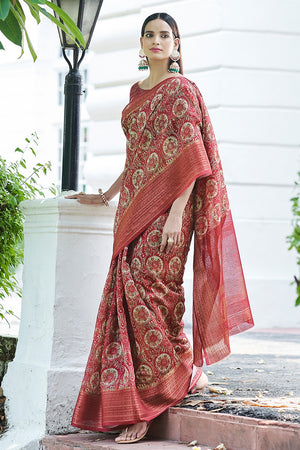 Strawberry Red Linen Saree