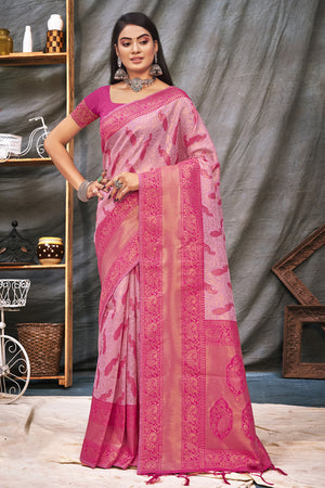 Fiery Rose Pink Organza Saree