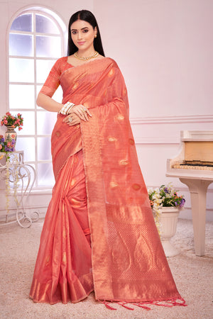 Pastel Red Organza saree