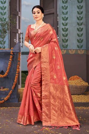 Pastel Red Organza saree