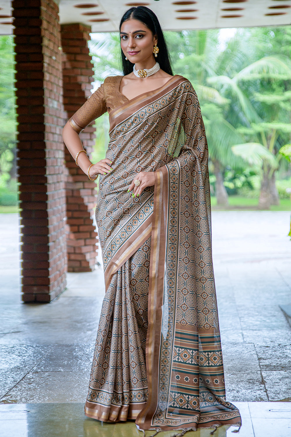 AVANTIKA: Brown Patterned Designed Saree with Solid Colour Blouse [Ava –  Navastrani Boutique