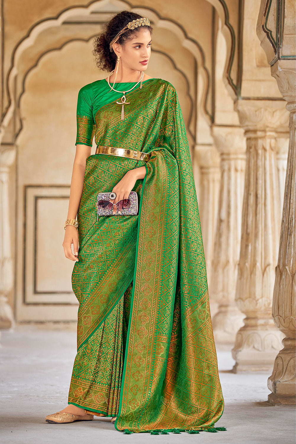 Buy Yellowish Green Kanjivaram Silk Saree T416947