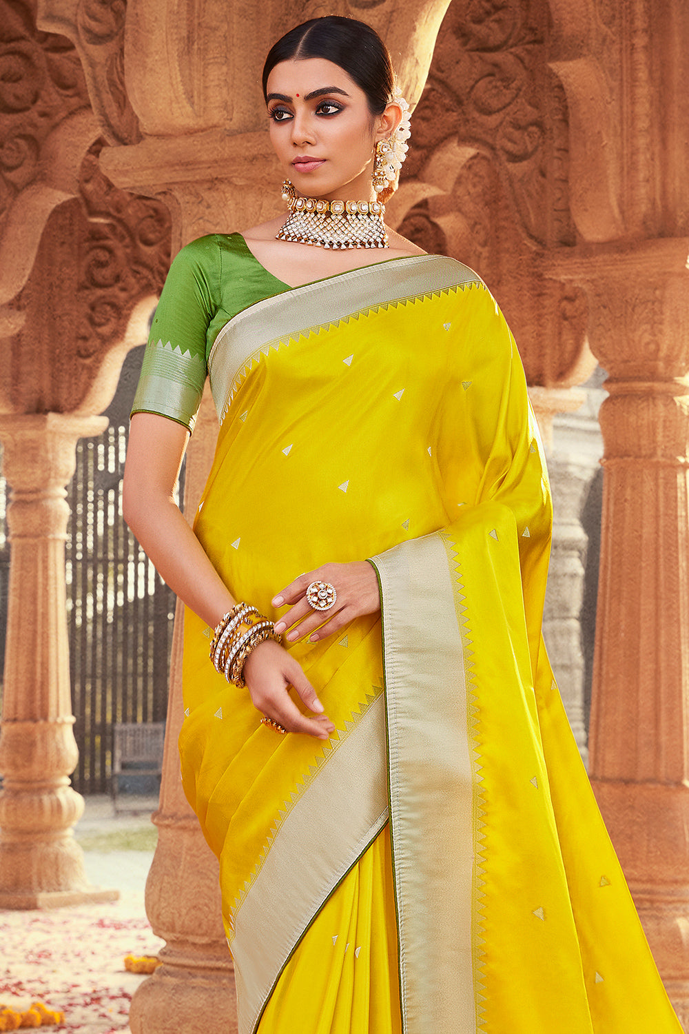 Lemon Yellow and Royal Blue color kuppadam pattu handloom saree with kanchi  border saree design -KUPP0024906