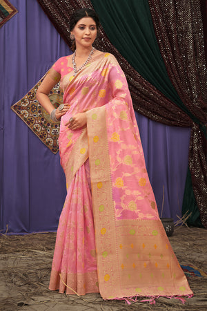 Flamingo Pink Organza Saree