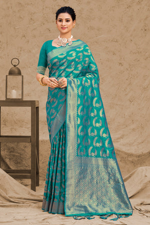 Teal Green Banarasi saree