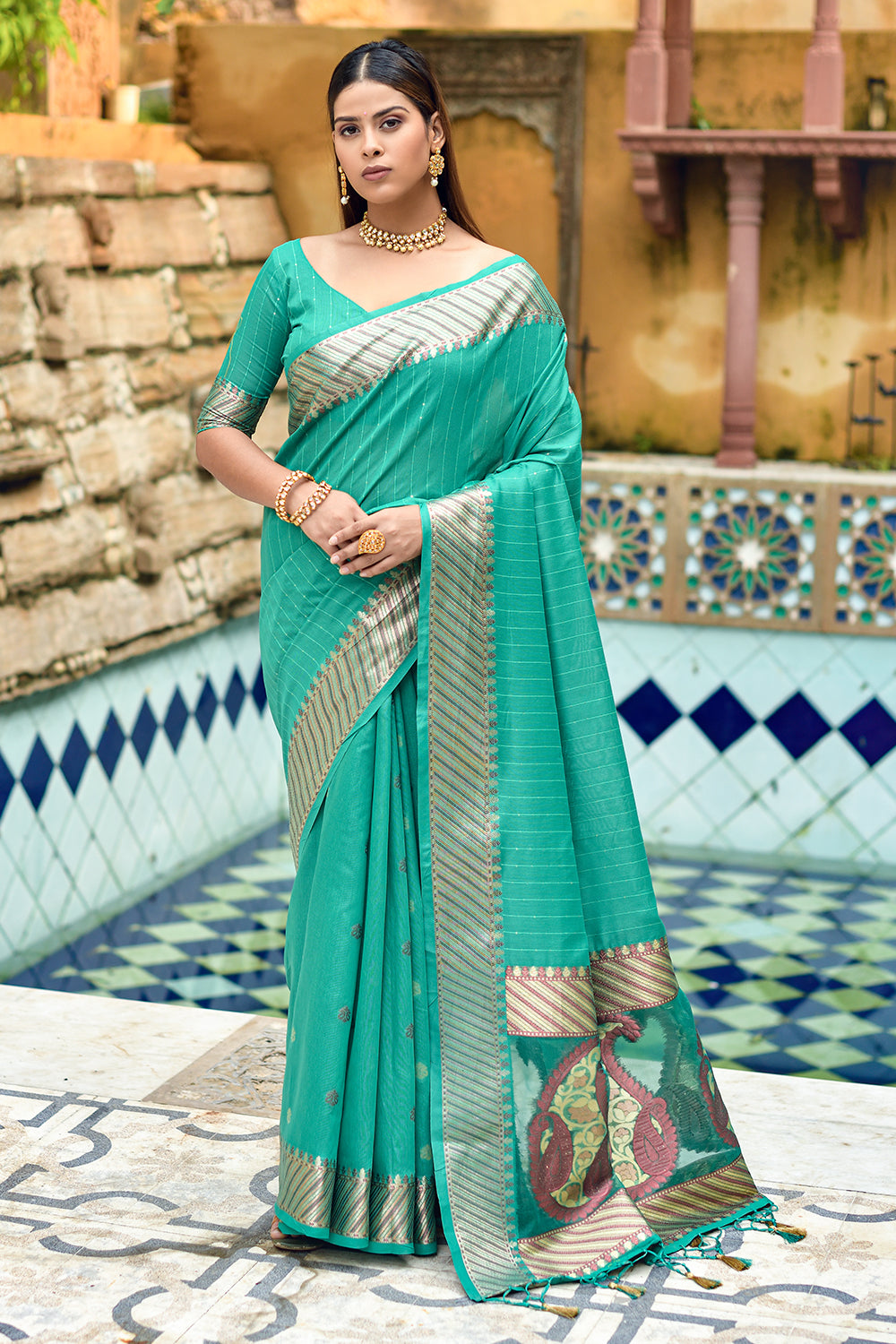 Buy Green Pochampally Cotton Silk Saree-UNM75398 Online at  Unnatisilks.com|UNM75398