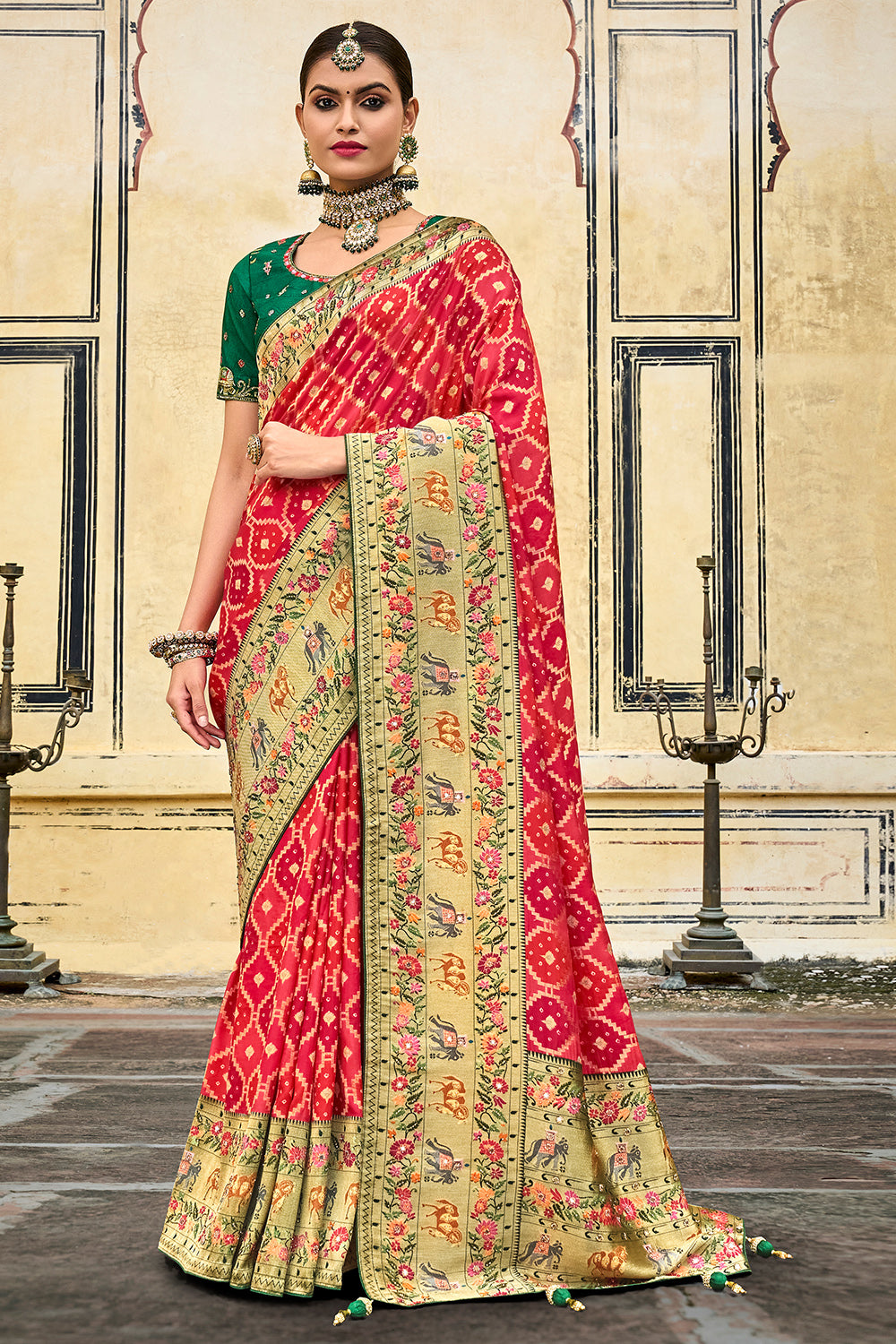 Red plain design mysore silk saree, contrast zari border steeped with  traditional designs & pallu of zari stripes