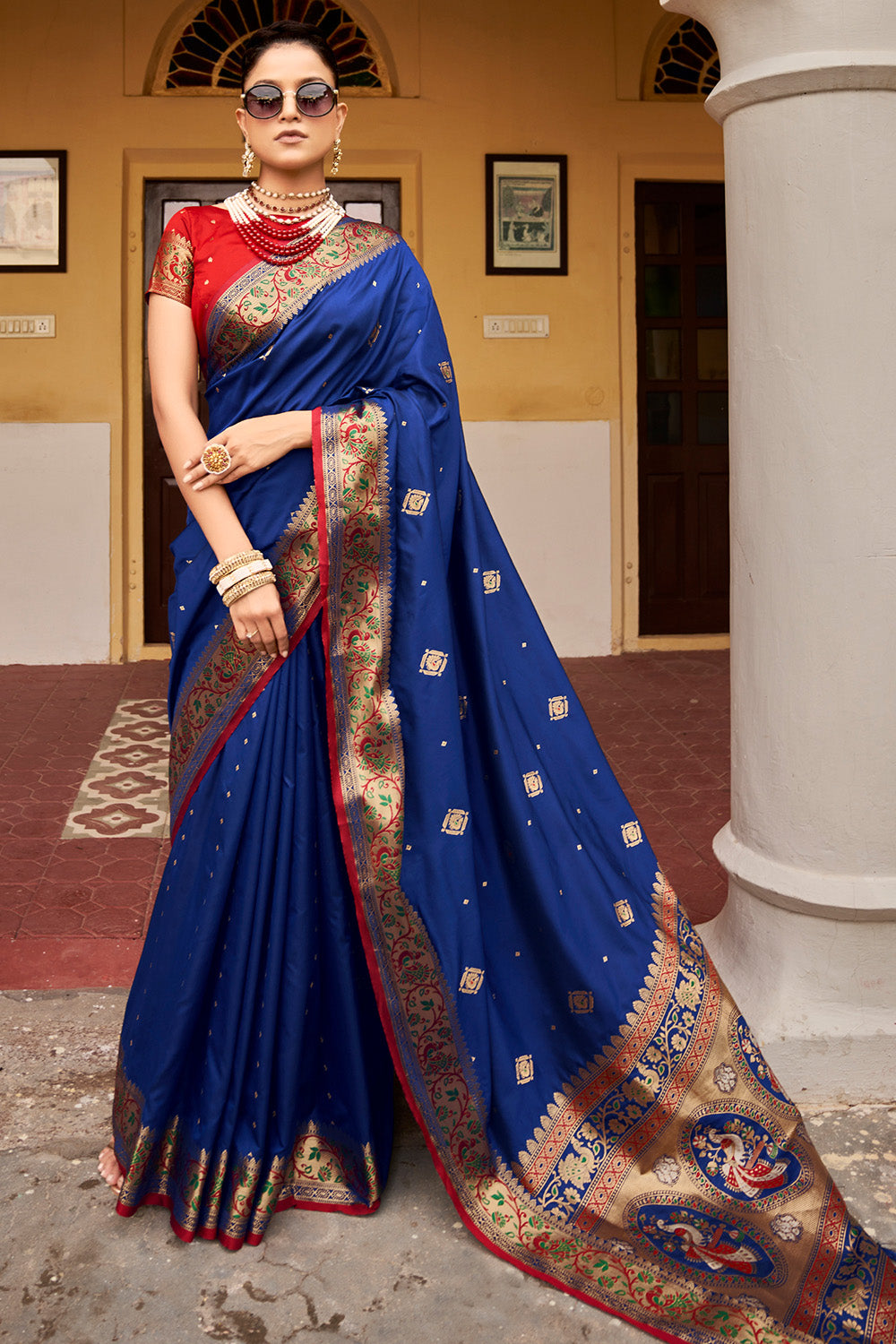 Royal Blue Kanjivaram Silk Saree with Silver Zari Weaves - Mirra Clothing