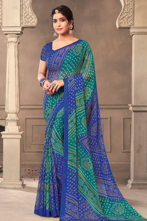 Teal And Blue Chiffon Saree