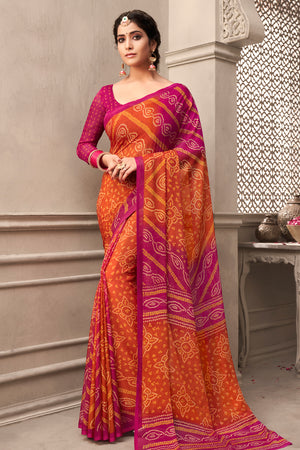 Orange And Pink Chiffon Saree