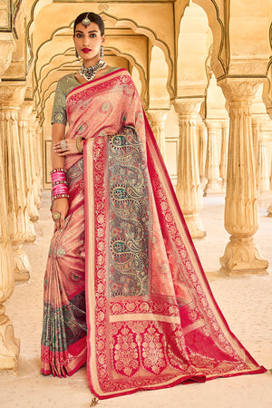 Buy a Coral Heavy Embroidered Wedding Saree On Rutbaa
