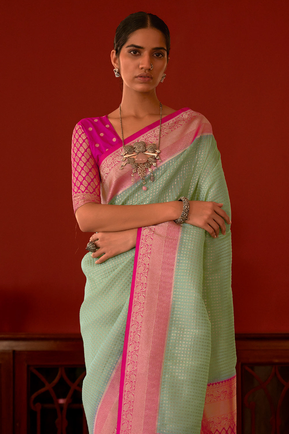 Light green silk saree with blouse 245