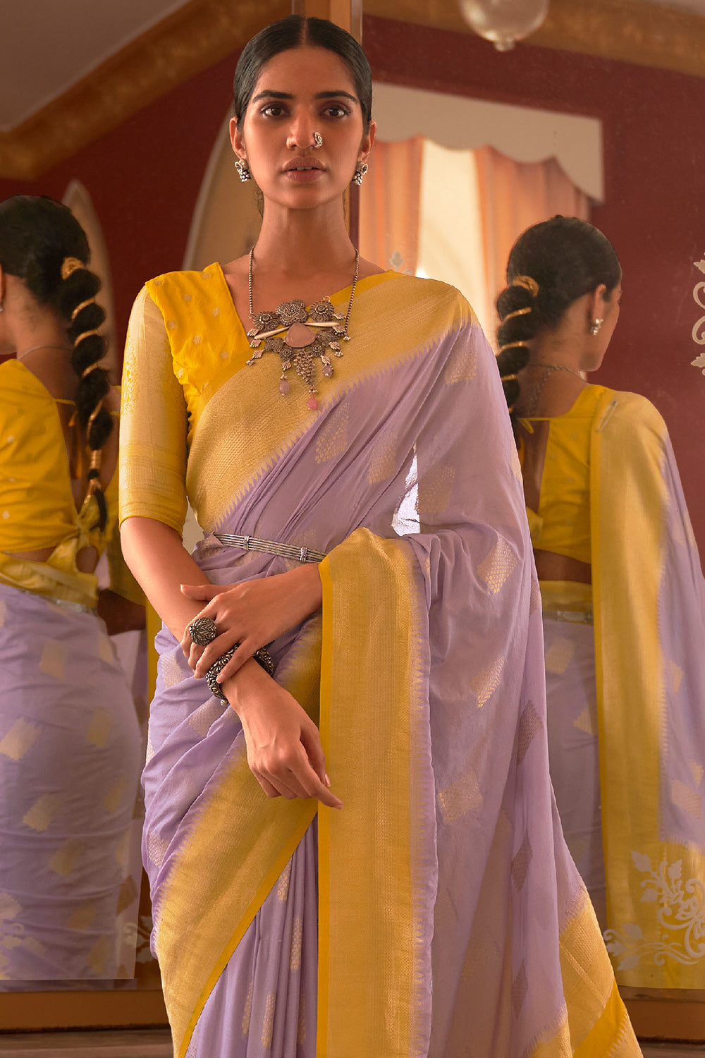 Yellow and Grey Solid Colour Blocked Saree - www.indethnic.com