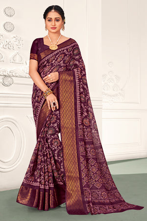 Wine And Beige Cotton Saree