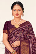 Wine And Beige Cotton Saree