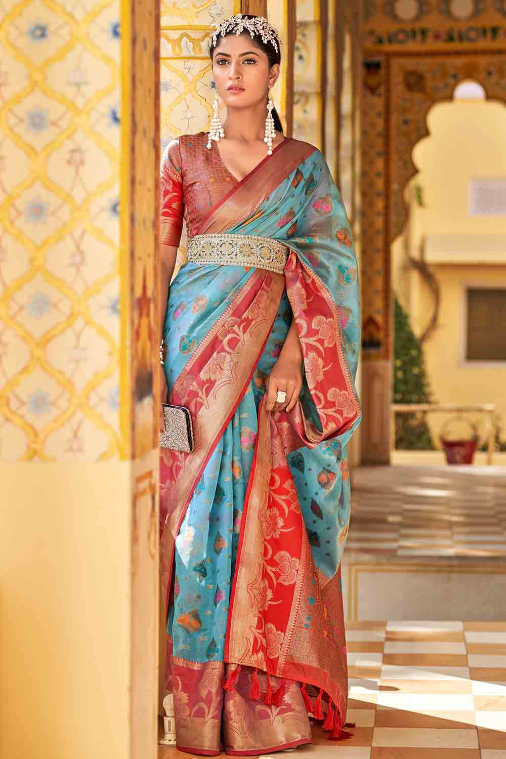 Navy Blue Soft Silk Saree | With Red Blouse | Zari Woven Design – IZMA