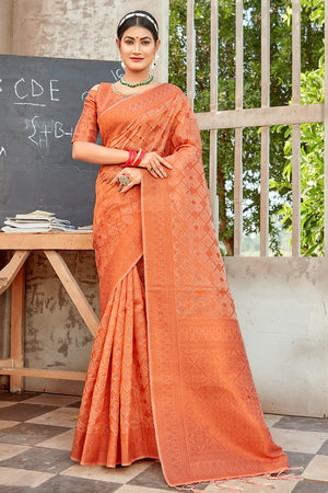 Cantaloupe Peach Organza Saree